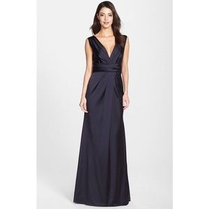Vera Wang V Neck Navy Satin Gown